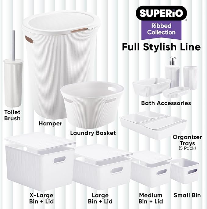 Superio Ribbed Collection - Decorative Plastic Basket Open Home Storage Bins Organizer, Medium White (2 Pack) Container Boxes for Organizing Closet Storage Bins for Shelves Drawer Shelf 5 Liter