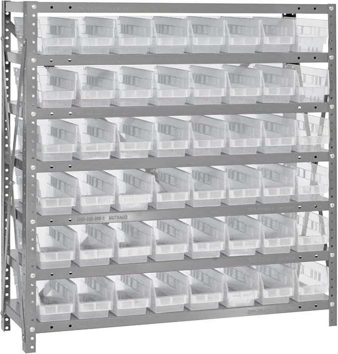 Quantum Storage Systems 1239-101CL Clear-View Sloped Shelving Unit with 4" Shelf Bins, 48 QSB101 Shelf Bins, 12" D x 36" W x 39" H
