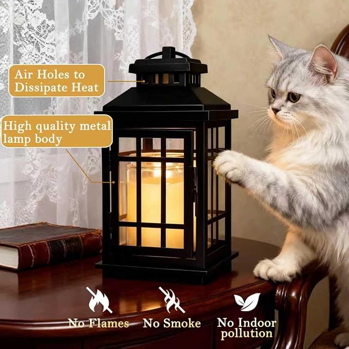 Black Candle Warmer Lamp with Timer - Flameless Enclosed Lantern Style Warmer for Large Jar Candles, Dimmable & Auto Shut-Off, Farmhouse Home Decor Housewarming Birthday (2 Bulbs)