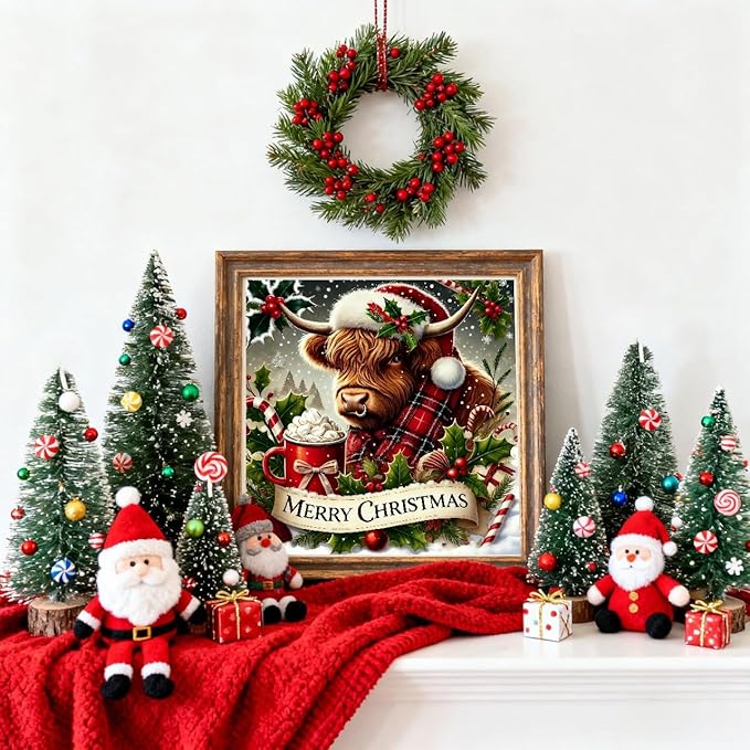 VIGEGU Christmas Diamond Art Kits for Adults,Winter Highland Cow Christmas Diamond Painting Kits for Beginners 5D Diamond Art,DIY Full Drill Round Gem Art Paintings for Home Wall Decor 13.7x13.7 in