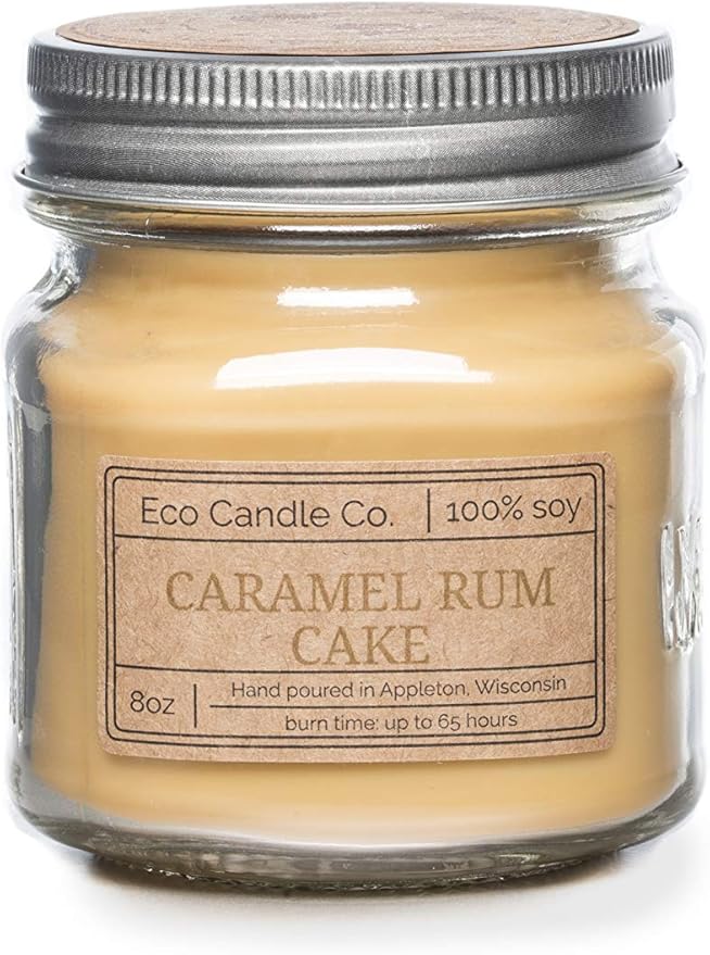 ECO CANDLE CO. Mason Jar Candle, Caramel Rum Cake, 8 oz. - Scents of Caramel, Rum, Maple, Almond, Pear, & Vanilla - 100% Soy Wax, No Lead, Kraft Label & Antiqued Pewter Lid, Hand Made