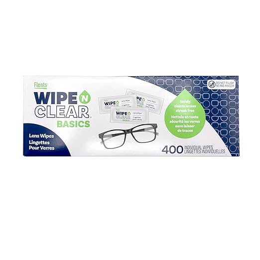 Flents Lens Wipes, Wipe 'N Clear Basic, 400 Count, Pre-Moistened, Streak-Free, Safe for Glasses, Sunglasses, Gentle Cleaning, Clear Vision, Streak-Free, Individually Wrapped for Travel & Convenience