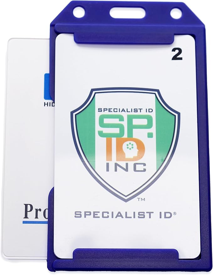 Bulk 50 Pack - Heavy Duty 2-Sided Rigid Multi Card Holder - Hard Plastic Vertical ID Badge Holders for 2 Standard or Thick Prox Cards, Fuel Card, CAC, Work Badge, Credit Cards by Specialist ID (Blue)