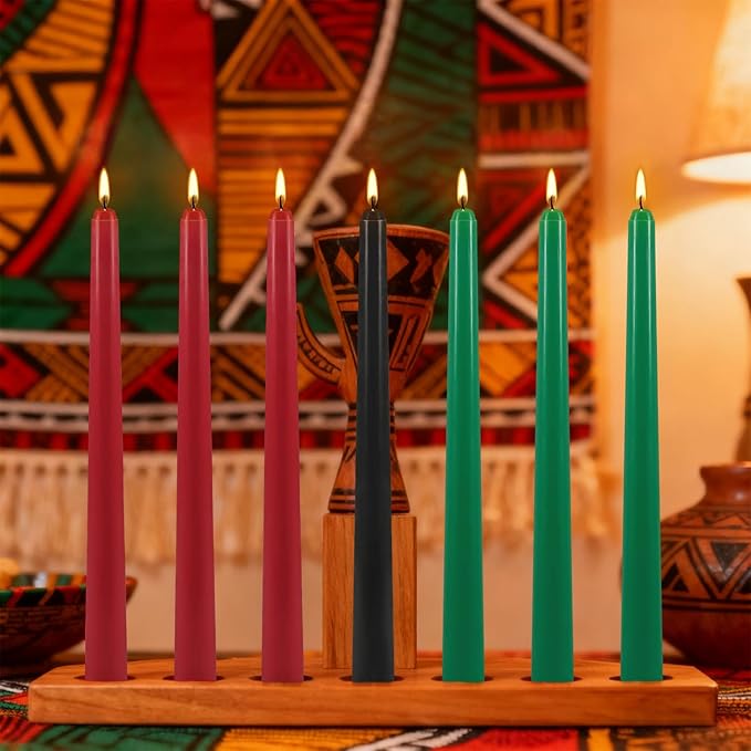 Kwanzaa Taper Candles, 3 Red,3 Green and 1 Black, 10 Inch Smokeless and Dripless Tall Candlestick, 8-8.5 Hour Long Burning time,African Holiday Mishumbaa Saba