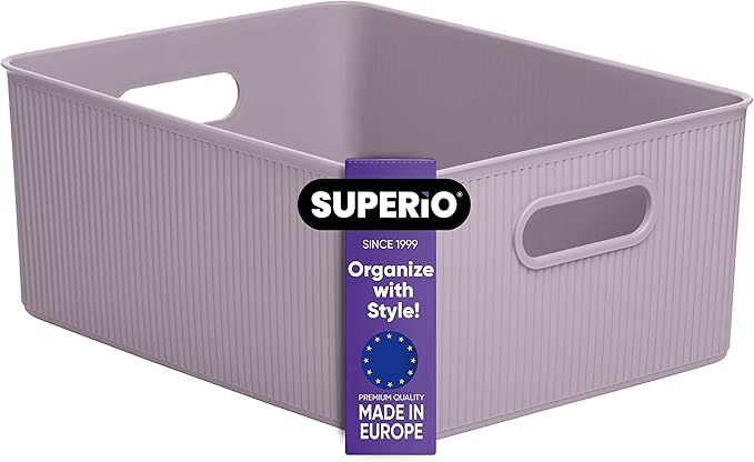 Superio Ribbed Collection - Decorative Plastic Basket Open Home Storage Bins Organizer, Large Lilac Purple (1 Pack) Container Boxes for Organizing Closet Storage Bins for Shelves 15 Liter/16 Quart