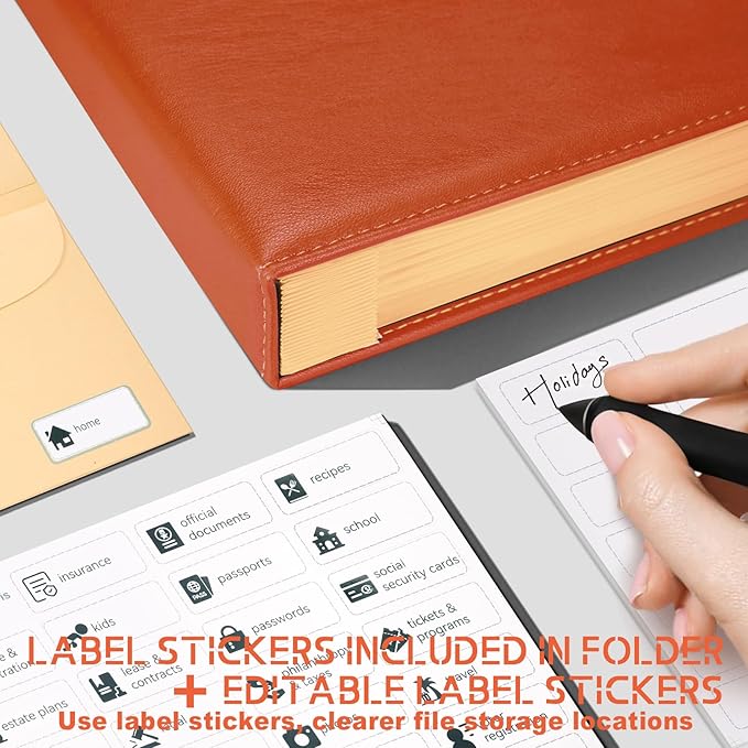 JOYCE Important Document Organizer, Life File Manager with Labels, for Managing Letters, Photos, Birth Certificates, Social Security Cards, Passport, Ring Binder (Brown Leather)