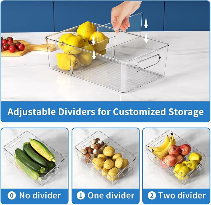 Mpotmiy 4 Pack Clear Pantry Organizers and Storage Bins with Divider, Transparent Plastic Basket, Refrigerator and Fridge Bins