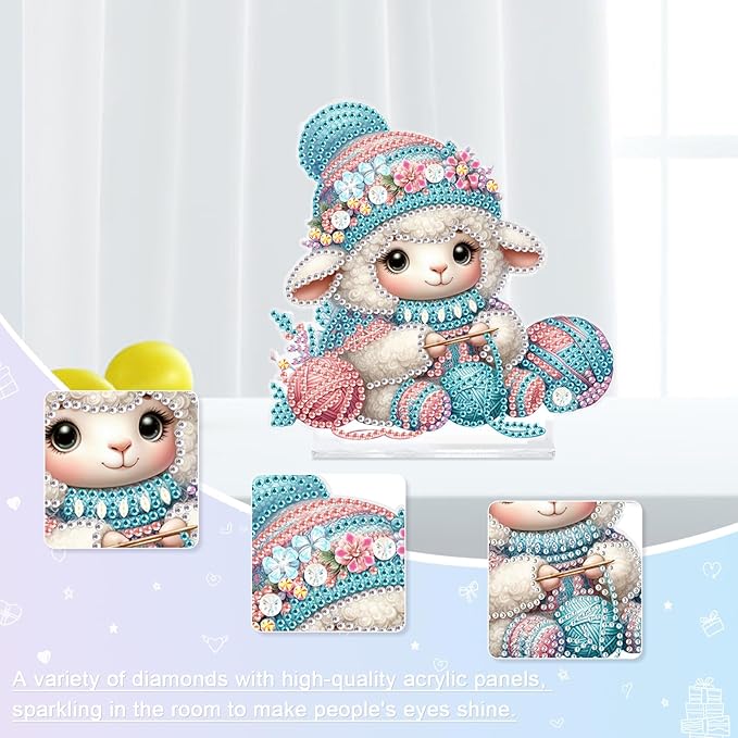 antor Diamond Painting Desktop Ornament Kit, DIY Special Shape Diamond Art Tabletop Decoration, Acrylic Diamond Art Desk Figurine Sheep Knitting Craft Gift