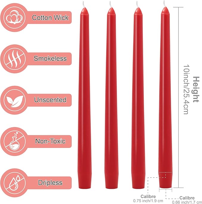 Red Taper Candles 10-Inch - Dripless Tall Christmas 12 Pack Tapered Candlesticks Unscented Smokeless Long Slow Burning Red Candle Sticks 8 Hours Paraffin Wax for Dinner Valentine’s Day Decor