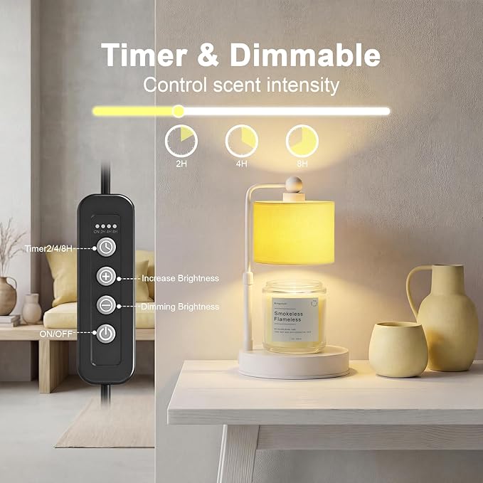 Candle Warmer Lamp with Timer, Dimmable Candle Wax Warmer, Height Adjustable Electric Candle Lamp Warmer with 2 Bulbs, Gifts Idea for Women Her, Mom, Vintage Home Decor for Bedroom-Yellow