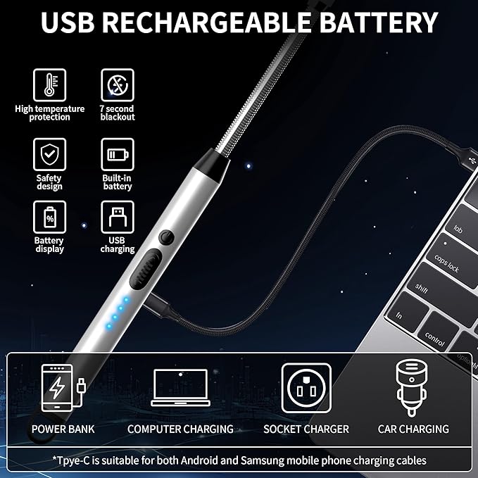 2-Pack Rechargeable Electric Candle Lighters, Flameless Windproof Long Lighter with 360° Flexible Neck and LED Display for Candles, Camping, BBQ & Fireplace (Silver)