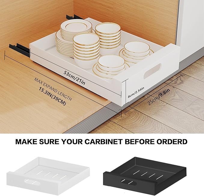 bealy 21'' Deep Pull Out Cabinet Organizer Adhesive, 10'' Wide Roll Out Cabinet Shelf Drawers for Face Frame or Frameless Cabinets, Sturdy Carbon Steel Kitchen Organizer for Pantry, Kitchen, Bathroom