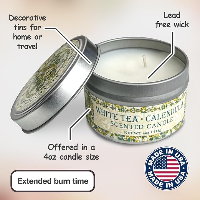 Greenwich Bay Hand-Poured Scented Candle in Decorative Tin – 4 oz/114 g Travel Candle with Lead-Free Wick, Vegetable Wax, Long-Burning Aromatherapy Gift, Single Wick – Made in USA (White Tea)