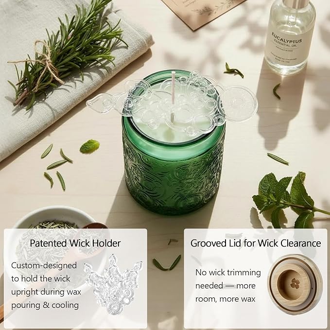 9-Pack 8oz Embossed Glass Candle Container with Bamboo Lids and Labels, Green Candle Jars for Making Candles, Sun Moon Star Design