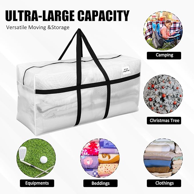 4 Pcs 96 Gallon Extra Large Moving Bags Heavy Duty Storage Bag with Strong Zipper Handle Foldable XXL Jumbo Storage Tote Packing Moving Box for College Dorm Travel Cloth Duffle (Clear)