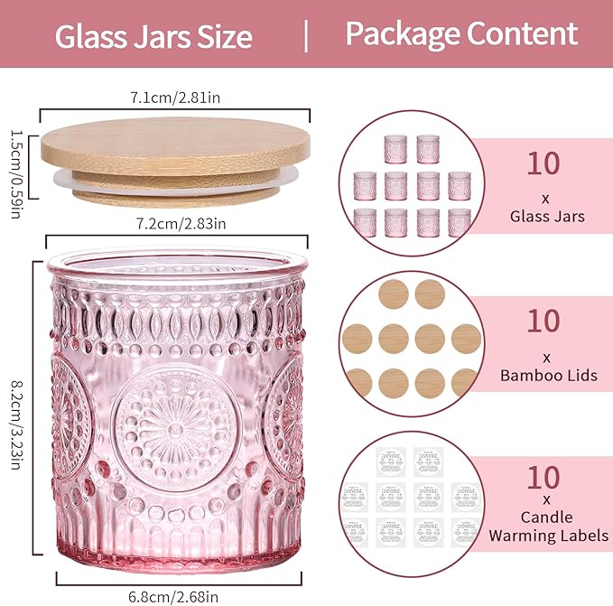 DARJEN 10 Pack Pink Candle Jars for Making Candles- 7.5 OZ Empty Glass Candle Making Jars with Bamboo Lids and Labels, Candle Containers Candle Making Jars for DIY Gifts