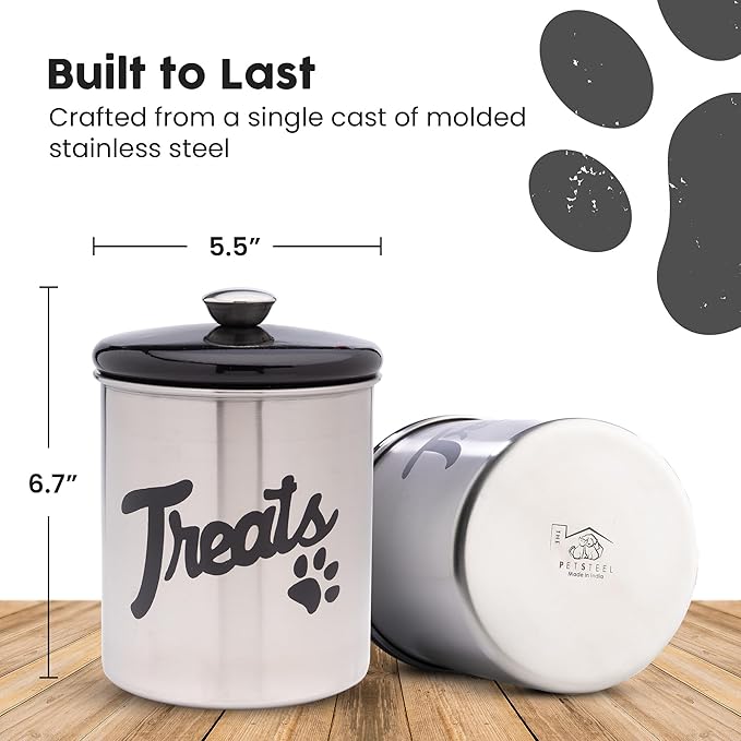 Stainless Steel Dog Treat Jar with Airtight Lids – Holds Up to 2 lbs – Pet Food Storage Bin for Dog & Cat Treats – Decorative & Durable Canister