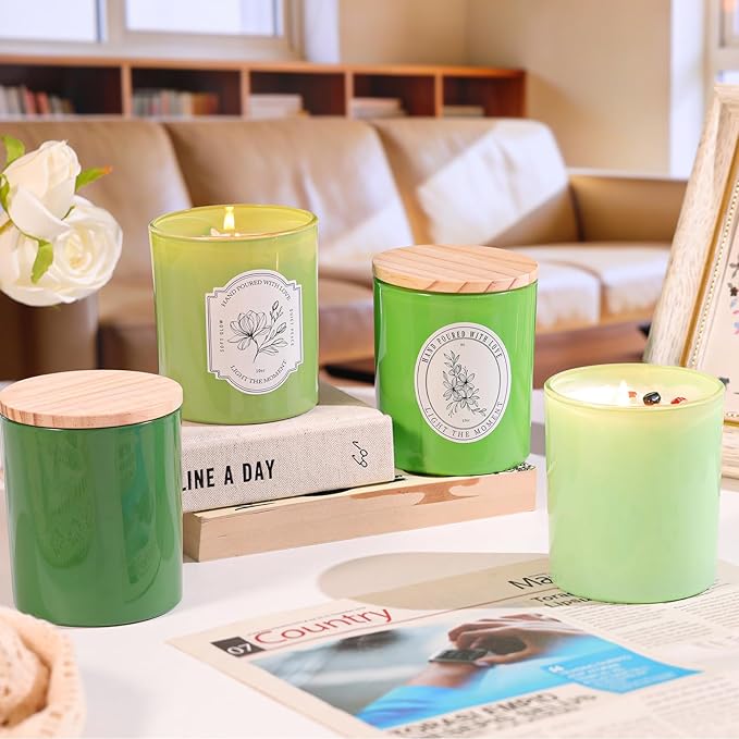 12Pcs Assorted Green Glass Candle Jars with Wooden Lids for Making Candles, 10 OZ Empty Candle Jars with Labels and 100g Crystal Rocks, Candle Making Supplies Candle Containers for Home DIY & GIFTS