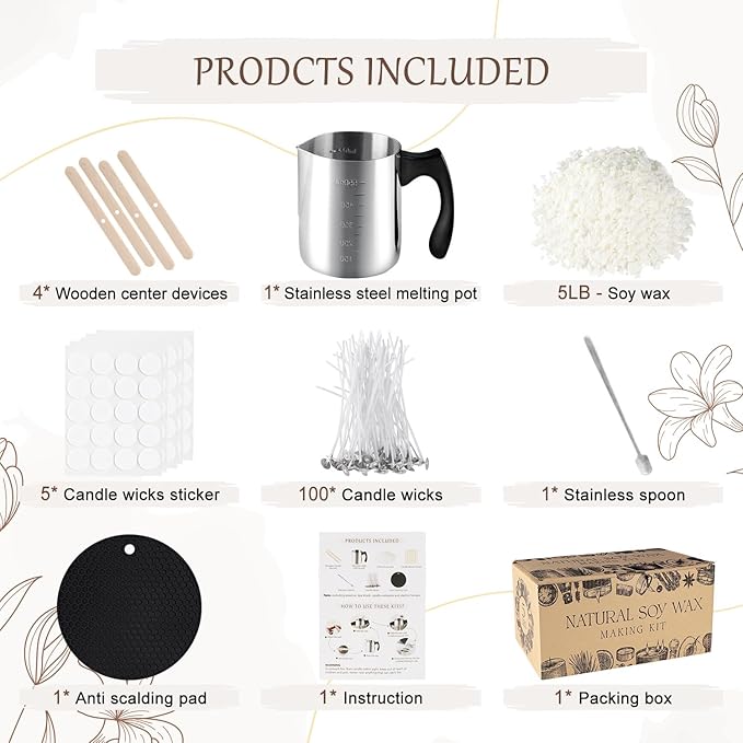 Wfmolcand Candle Making Kits for Adults,Beginner,Kids, Soy Wax, Making Supplies Include 5 LB Soy Wax Flakes, 100 Candle Wick, Centering Devices, Melting Pot