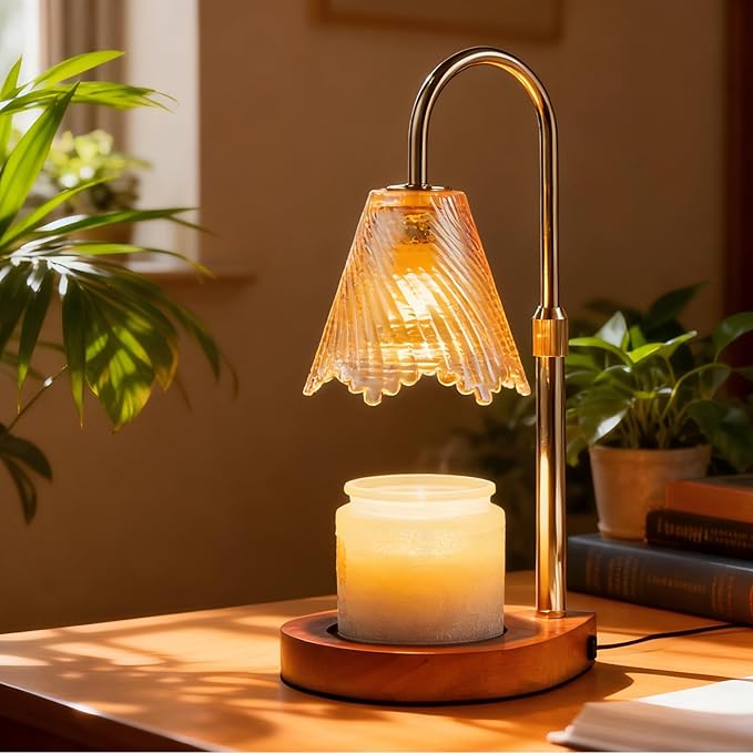 Candle Warmer Lamp with Timer Dimmable,Glass lampshade and Water-Drop-Shaped Wooden Base,Height Adjustable Candle Warmer with 2 Bulbs,Gifts for Women Mom,House Warming Gifts New Home Bedroom Decor