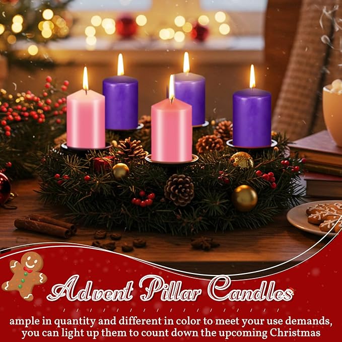 Amylove 8 Pcs 3 x 8 Inch Advent Pillar Candles Set Pink Purple Christmas Unscented Lasting Burning Church Candles for Advent Wreath Holiday Gifting