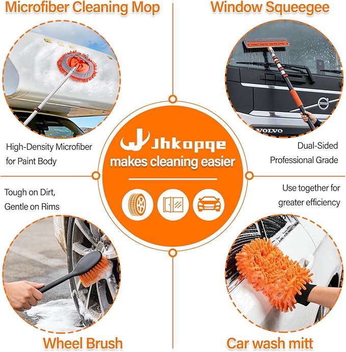 18 FT Reach Car Wash Brush with Long Handle, Car Cleaning Kit with 3-12FT Extension Pole, Soft Bristle Brush, Chenille Microfiber Cleaning Mop&Mitt, Window Squeegee, Wheel Brush for RV, Truck