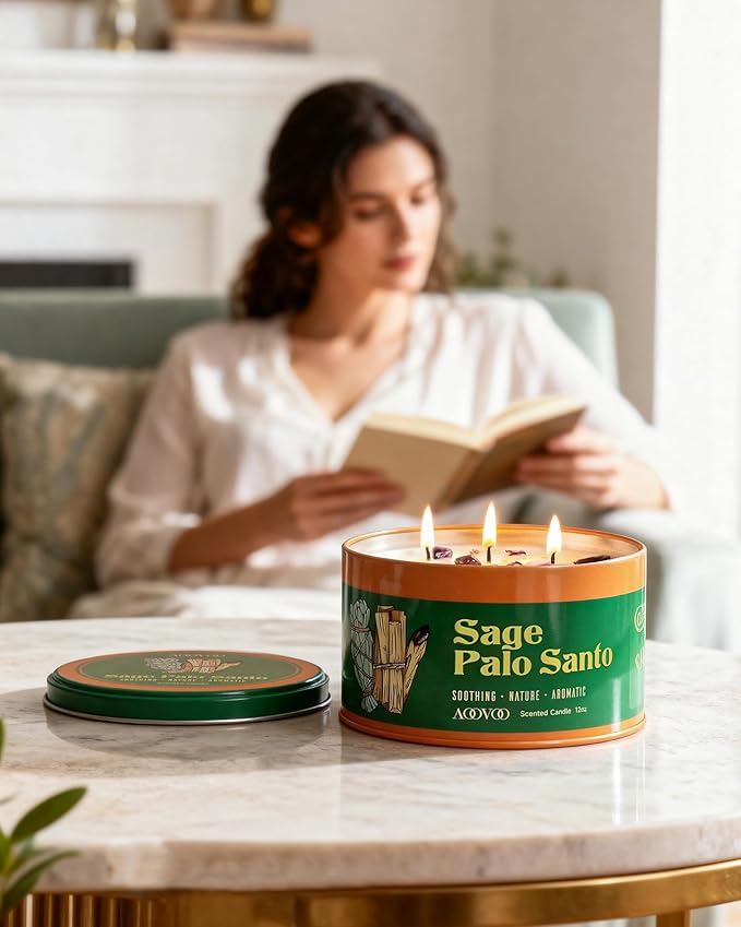 AOOVOO Sage & Palo Santo Candle for Cleansing - 3 Wick 12oz Large Scented Candle with Amethyst Crystals, Sage & Palo Santo Inside, Non-Toxic Soy Candle for Meditation Spiritual Healing Gift
