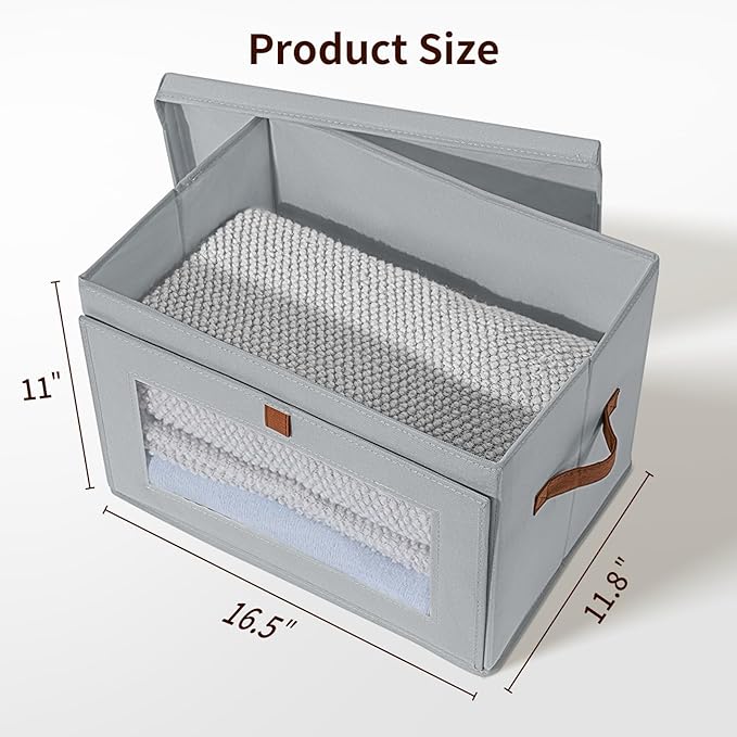Large Closet Storage Bins - Collapsible Storage Bins with Handles & Window, Fabric Cube Organizer with Lids, Decorative Boxes for Living Room, Closet, Dorm, 6 Pack, Grey