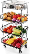 Miyawell Fruit Vegetable Storage Basket, 4 Tier Stackable Metal Wire Storage Baskets with Wheels, Fruit Vegetable Produce Basket Organizer Bins for Kitchen, Pantry, Bathroom