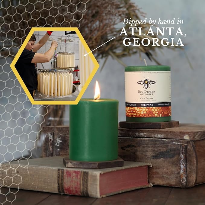 Big Dipper Wax Works Moss Green Pillar Candle, 40-Hour Long Burn, Pure Beeswax Candle, 2" x 4.75”