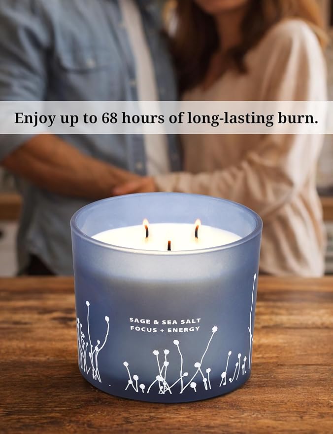 White Sage Sea Salt 3 Wick Candle - Large Soy Scented Candle 14.5 oz - Sage Candle for Cleansing House - Aromatherapy Energy Cleansing Candle for Home, Stress Relief, Women & Men