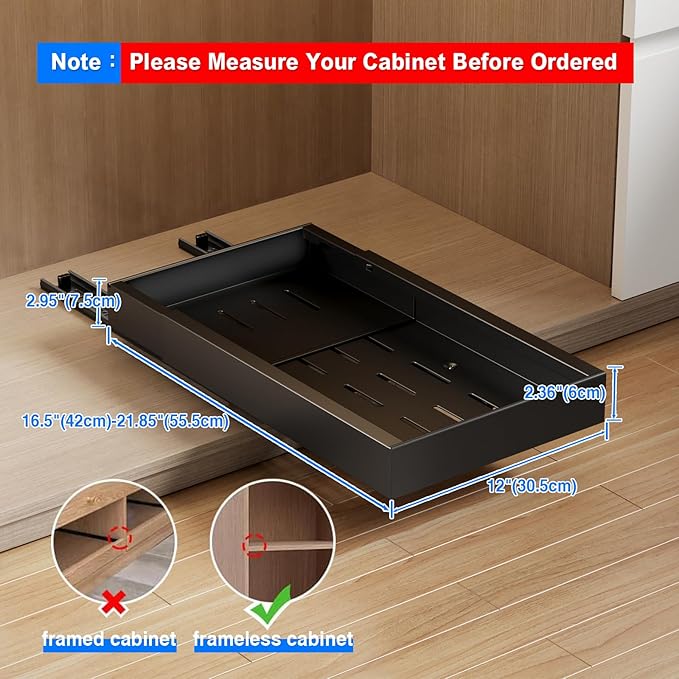 Mustorn 2 Pack Pull Out Cabinet Organizer,21.8" Deep Slide Out Drawer for Cabinets Adhesive Pull Out Drawers Heavy Duty Pull Out Shelves for Kitchen,Cupboard,Pantry,Bathroom-Black