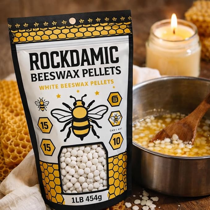 Rockdamic Natural White Beeswax Pellets 1lb - (454g) Organic Wax for Skin, Lip Balm, Lotion Making - Pure Pastilles, Unscented Beads for Candles, Salves, Soap, and Cosmetics - Bulk Melting Pellets