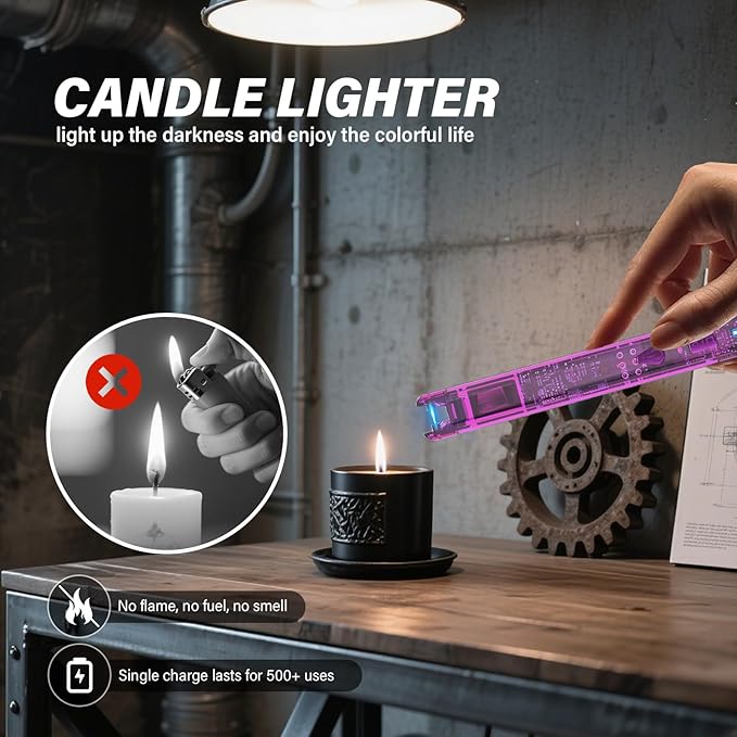 KTEBO 2 Pack Electric Candle Lighters - 7.4 inch Long USB Rechargeable Plasma Arc Lighter with Safety Lock, Windproof Lighter for Candles, Grill, Camping - See-Through Tech Design, Stocking Stuffers