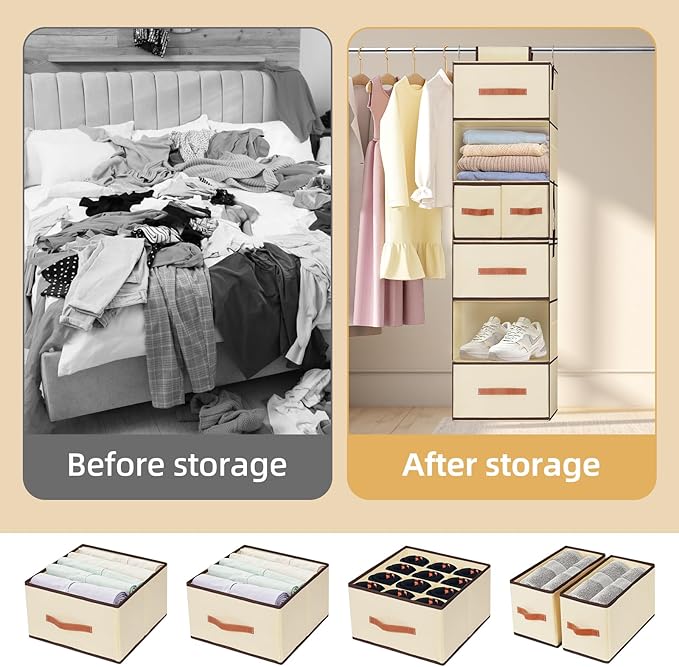 Hanging Closet Organizer 6-Shelf, Upgrade Hanging Shelves for Closet with 5 Removable Drawers & Side Pockets, Hanging Shelf Organizer for Bedroom or Garment Rack, 12.6'' x 12.6'' x 44.1'', Beige