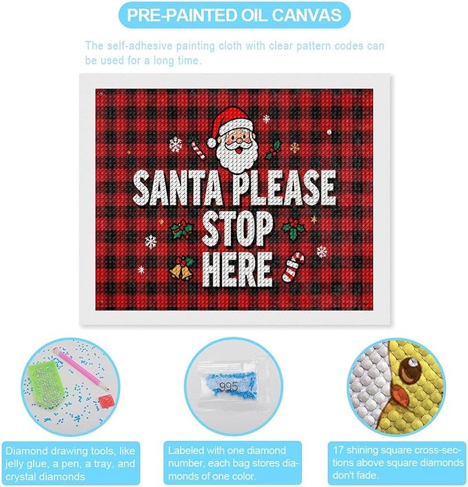 AIVKIEJK Diamond Painting Kits for Adults - Holly & Stars, Santa Please Stop Here Painting DIY 5D Full Drill Diamond Dots Paintings with Diamonds Gem Art and Crafts Home Decor 16"x20"