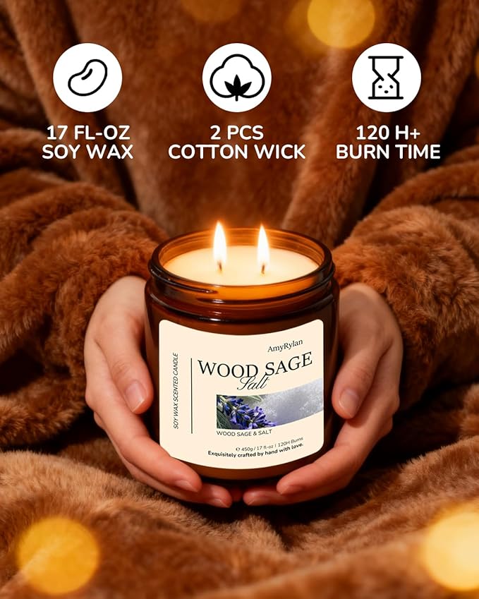 2 Wicks 17oz Large Non-Toxic Soy Wax Scented Candle, Wood Sage & Salt 120 Hours of Burn Time, Long Lasting Candle for Gift, Cost-Effective Candle for Home Fragrance, Aromatherapy