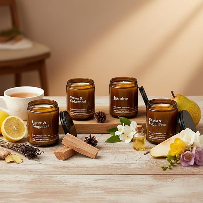 Hand Poured Non Toxic Candles - Freesia & English Pear Fall Candles with Premium Natural Wax - Aromatherapy Scented Candles with Wild Peonies, Sweet Amber & Vanilla Notes - 8.5 Oz, 45 Hrs Burn Time