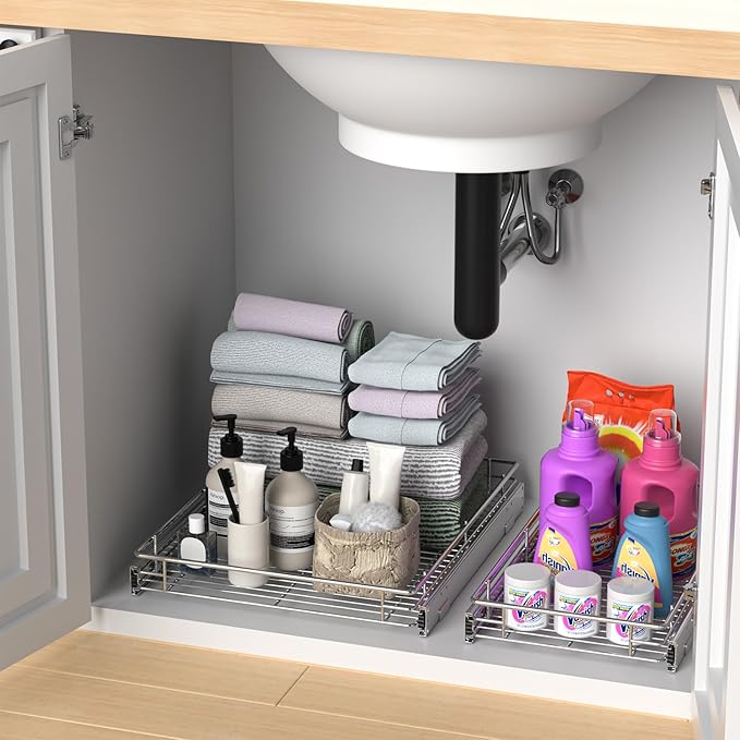 ZOINLIY Pull Out Cabinet Organizer, Versatile Slide Out Kitchen Organizers and Storage,Heavy Duty Drawer Cupboard Storage Basket, Smooth Sliding, Chrome Finish,17.8" W x 21" D
