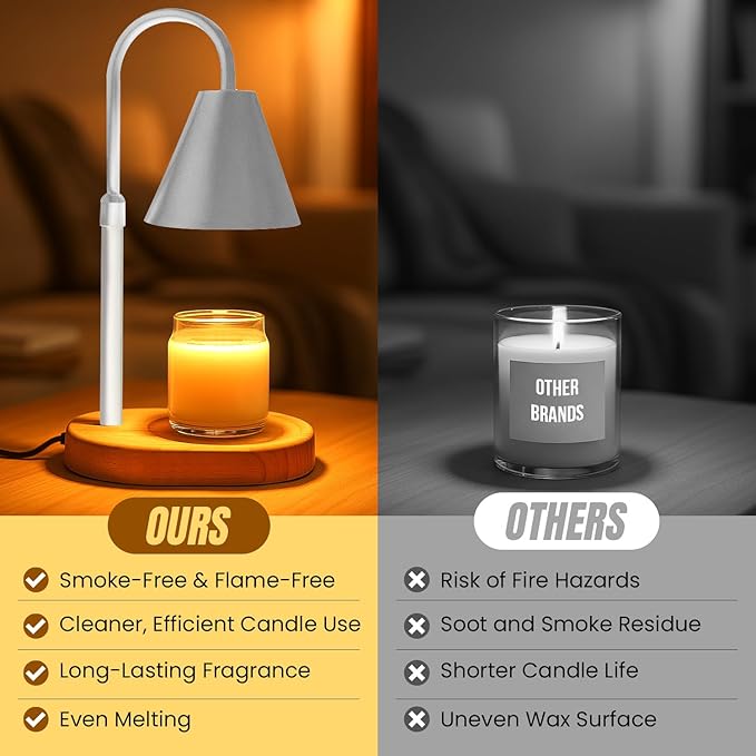 Lavalay Candle Warmer Lamp – App-Controlled Dimmable Warmer Light with Timer & Adjustable Height – Modern Flameless Silver Candle Melter lamp with Wood Base for Jar Candles– Gift for Mom & Women