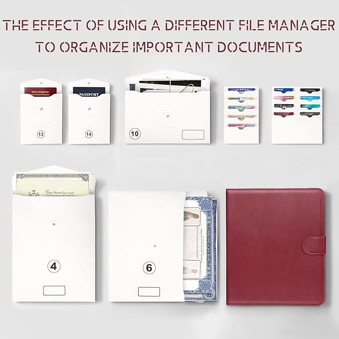 JOYCE Important Document Organizer, 14 Expandable Pockets, 13 Card Slots, for A4 Paper/Letterhead/Cards, with 2 Label Stickers, Suitable for Home, Office, School Use (Rose Red - Leather)