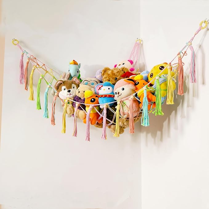 YKBU Stuffed Animals Hammock Corner Hanging Net with Wooden Beads Macrame Stuffed Animal Storage Ideas Plush Holder Toy Organizer for Boho Nursery Playroom Bedroom Kids Room Decor (Colorful, X-Large)