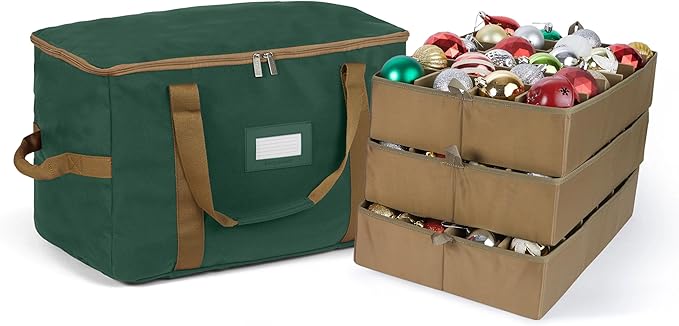 Covermates Keepsakes Adjustable Ornament Storage Bag – Heavy-Duty Polyester, Padded Dividers & FlexGrid Trays – Protective Holiday Ornament Organizer with Handles & Label Window, Green