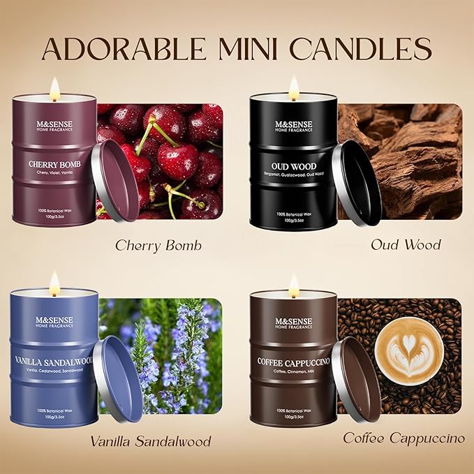 M&SENSE Spring Candles Set | Holiday Scented Candles Gift Set | 4 Pack Candles for Home Scented Candle,Cherry Vanilla Oud Sandalwood Coffee Candle,Gift Set for Women and Men,Soy Wax 14 oz
