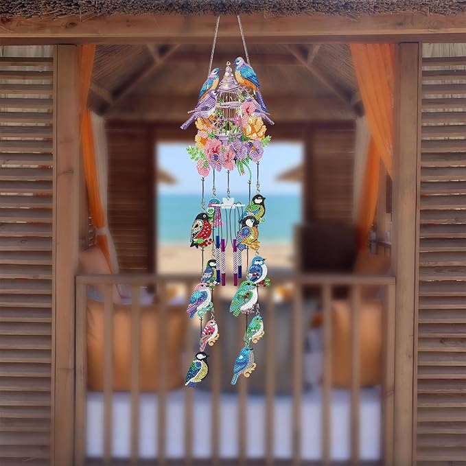 Birdcage Diamond Art Painting Wind Chime DIY Kits Sparrow Birds 5D Diamond Art Wind Chimes Hanging Ornament Set Double Sided Special Shaped Gem by Number Mosaic Wind Chime for Yard Tree Outside Decor