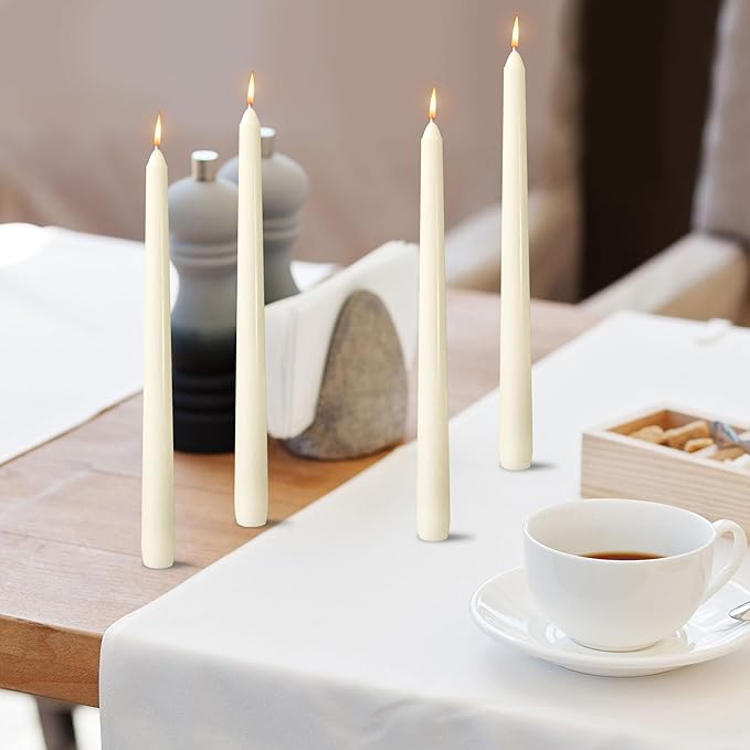 OSHINE 12 Pack Ivory Taper Candles Long Taper Candle 10 Inch Dripless Unscented Smokeless & Emergency 7-8 Hours Long Burning Tall Candlesticks Ideal for Weddings, Thanksgiving, Christmas, Dinner Party