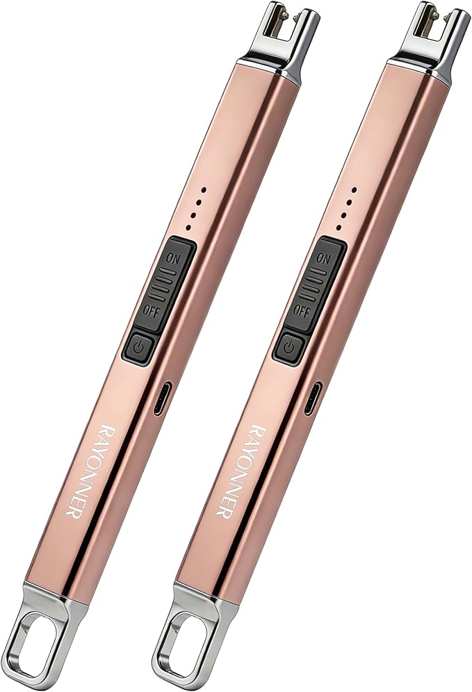 RAYONNER Electric Candle Lighter Rechargeable USB-C Plasma Arc Lighter with Hanging Hook Windproof Flameless Igniter for Camping Grill Home Decor Gifts (2 Pack - Rosegold)