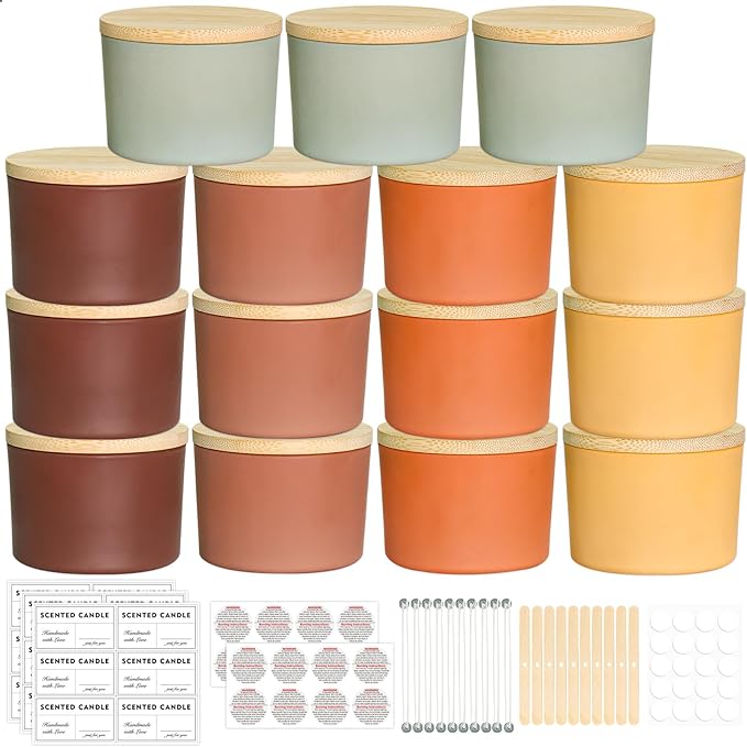 SUPMIND 4oz Fall Candle Jars 15 Pack, Small Wide Mouth Glass Empty Candle Jars with Bamboo Lids for Making Candles, Bulk Candle Container with Wick Kit, Ideal for Candle Business Owners