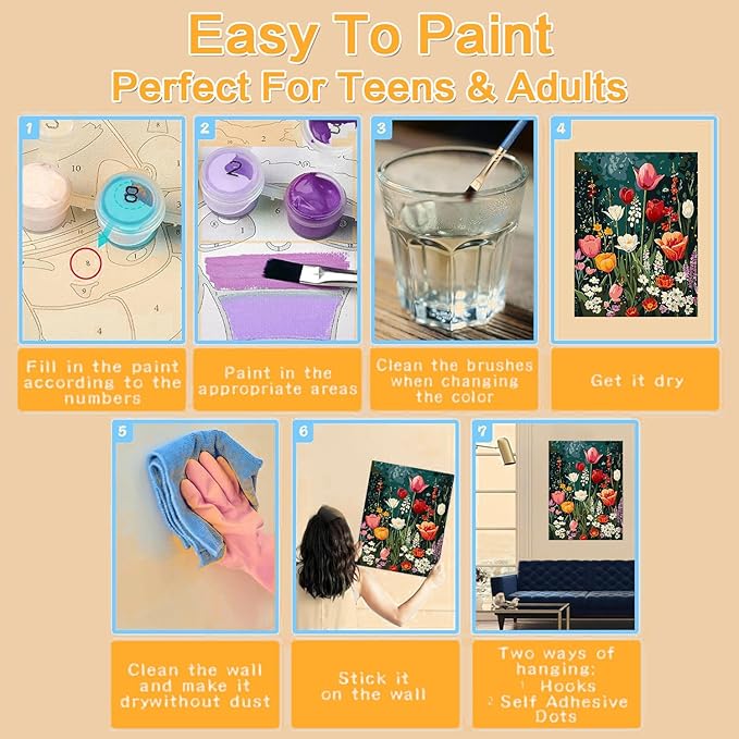Meothan Framed Paint by Numbers Kits for Adults, Flowers Paint by Numbers Kits on Canvas with Easel for Home Wall Decor 11.8x15.7inch (30x40cm)