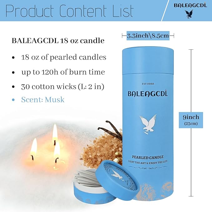 Calm Musk Blanc Pearled Candle 18 Oz with 30 Wicks - Musk Scented Sand Candles White Refillable Wax Lasts Up to 120 Hours Smooth and Clean Burning for Candle Making DIY